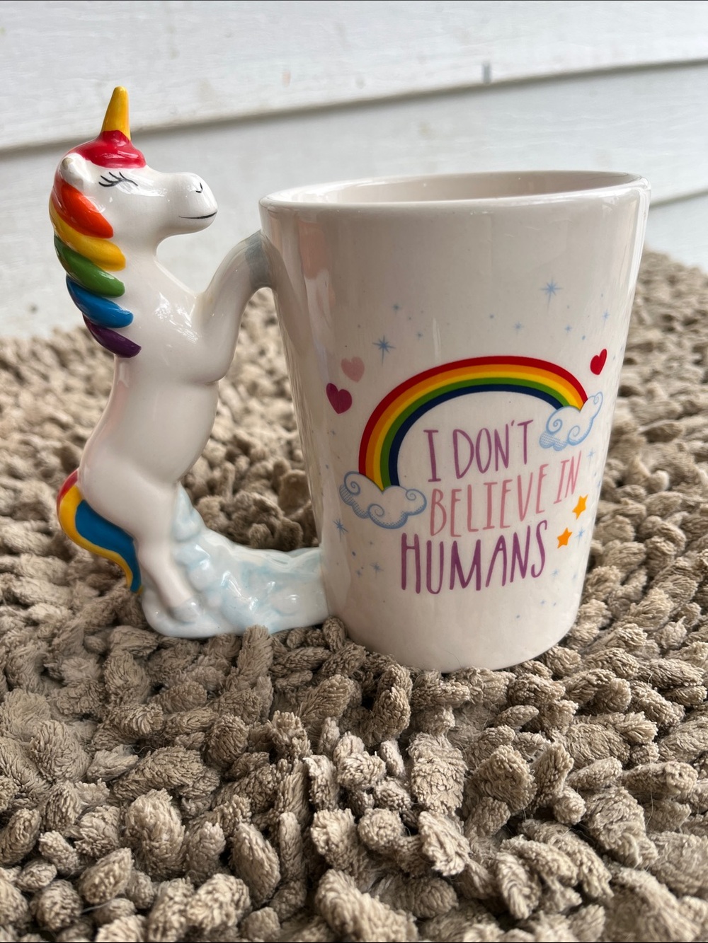Rainbow Unicorn Mug - "I Don't Believe in Humans"